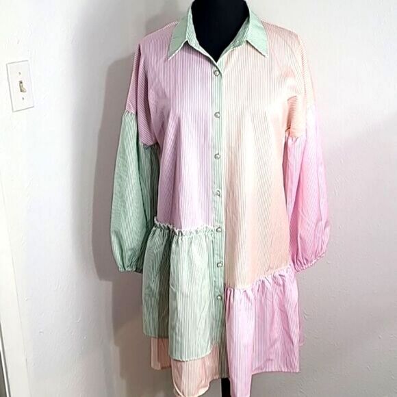 Simplee Lantern Sleeve Colorblock Pinstripe Shirt Dress, Size Medium, NWT - Picture 3 of 11